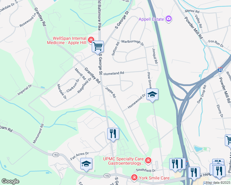 map of restaurants, bars, coffee shops, grocery stores, and more near 173 Lehman Drive in York