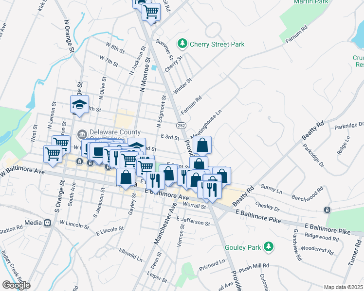 map of restaurants, bars, coffee shops, grocery stores, and more near 280 North Providence Road in Media