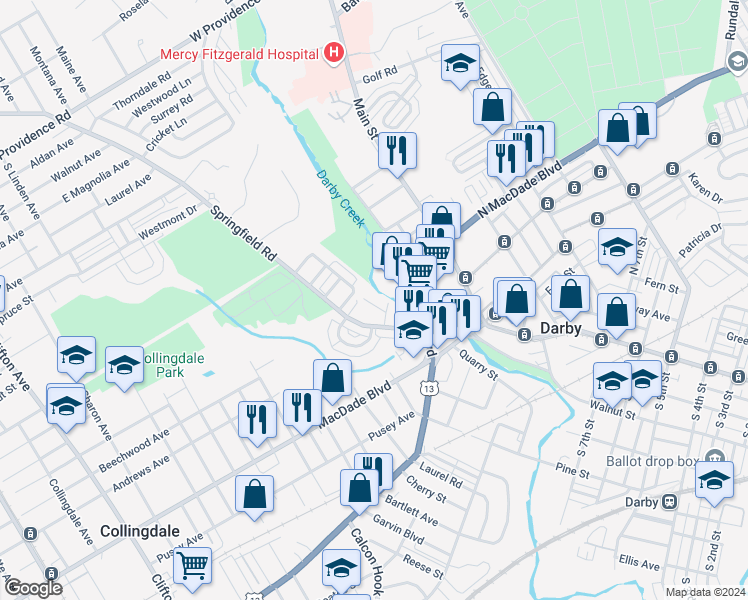 map of restaurants, bars, coffee shops, grocery stores, and more near 1017 Tyler Avenue in Darby