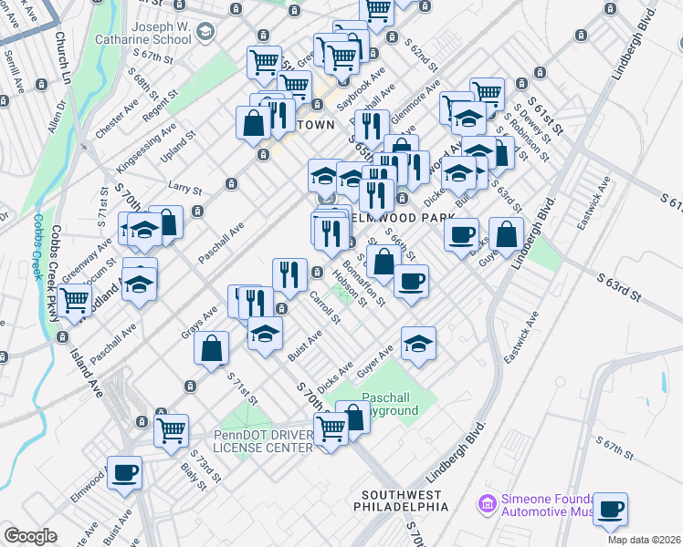map of restaurants, bars, coffee shops, grocery stores, and more near 2519 Hobson Street in Philadelphia