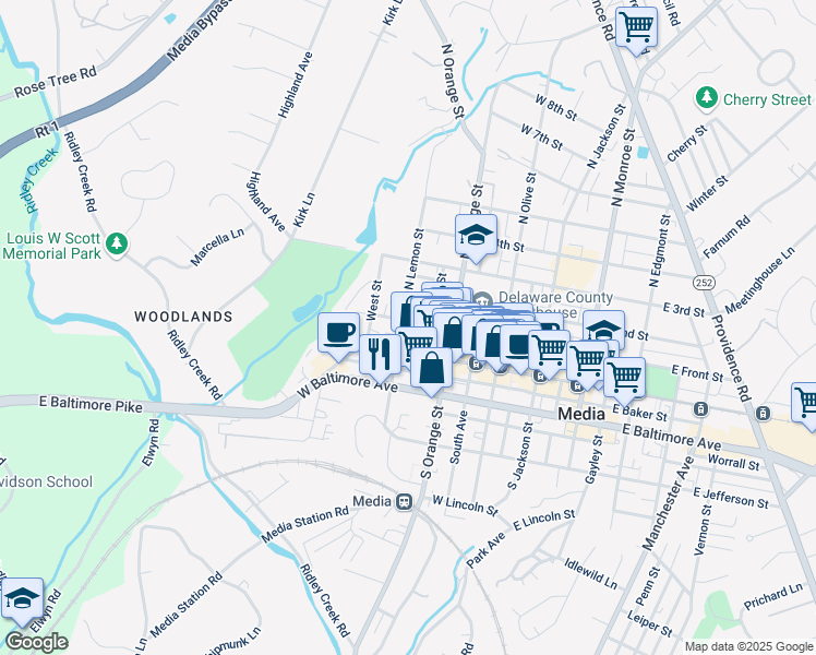 map of restaurants, bars, coffee shops, grocery stores, and more near 344 West Front Street in Media