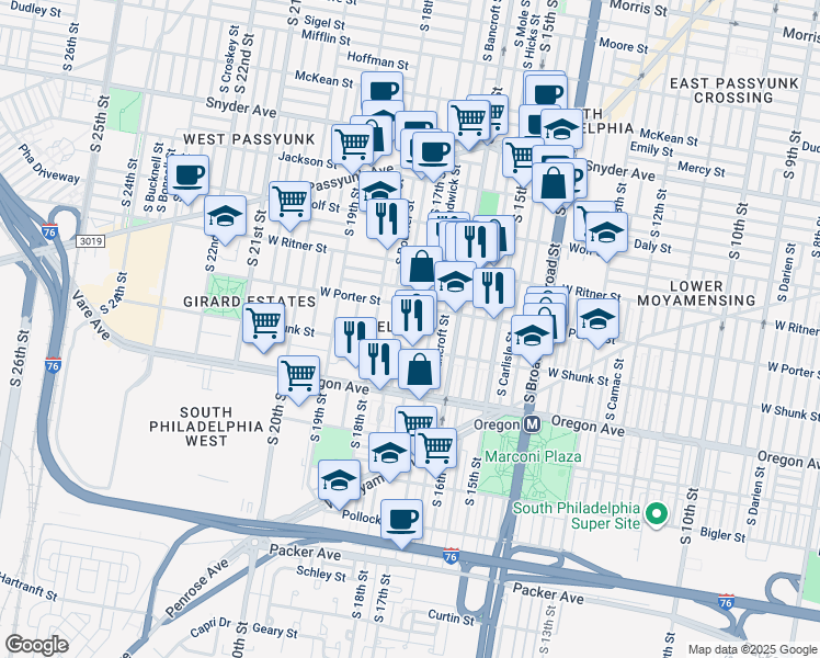 map of restaurants, bars, coffee shops, grocery stores, and more near 2526 S 17th St in Philadelphia