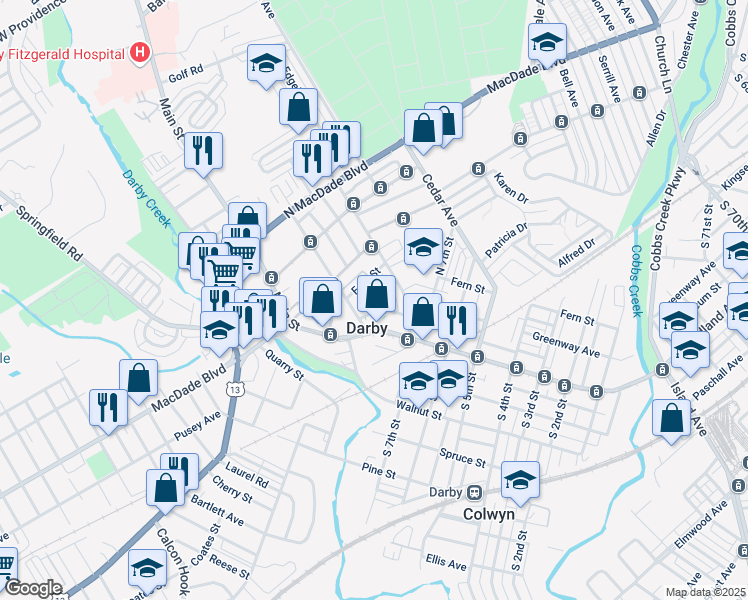 map of restaurants, bars, coffee shops, grocery stores, and more near 113 Verlenden Avenue in Darby