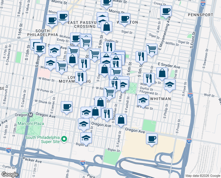 map of restaurants, bars, coffee shops, grocery stores, and more near in Philadelphia