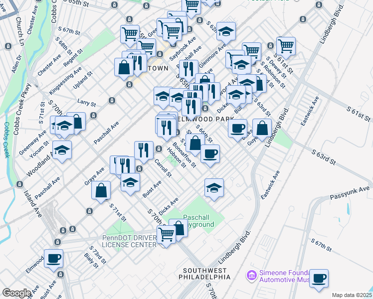 map of restaurants, bars, coffee shops, grocery stores, and more near 2548 South 67th Street in Philadelphia