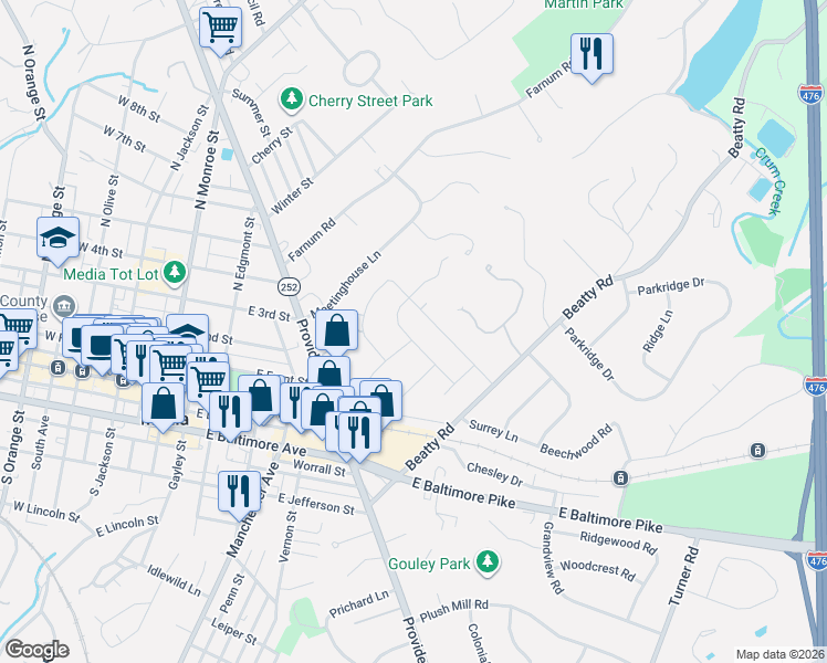 map of restaurants, bars, coffee shops, grocery stores, and more near 914 Truepenny Road in Media