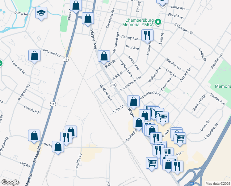map of restaurants, bars, coffee shops, grocery stores, and more near 572 Wayne Avenue in Chambersburg