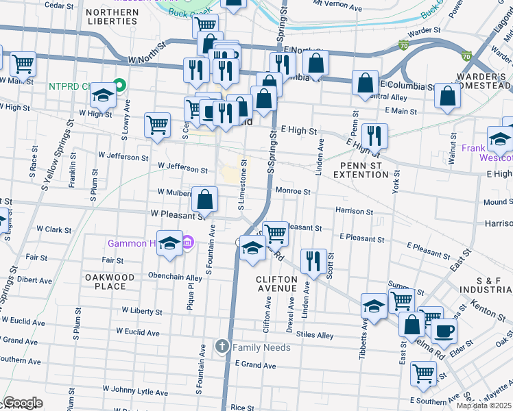 map of restaurants, bars, coffee shops, grocery stores, and more near 121 East Mulberry Street in Springfield
