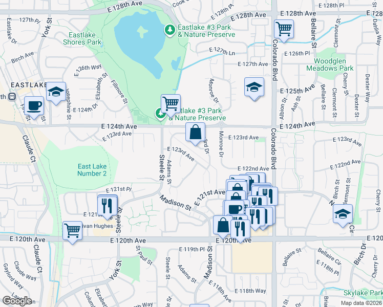 map of restaurants, bars, coffee shops, grocery stores, and more near 3343 East 123rd Avenue in Thornton