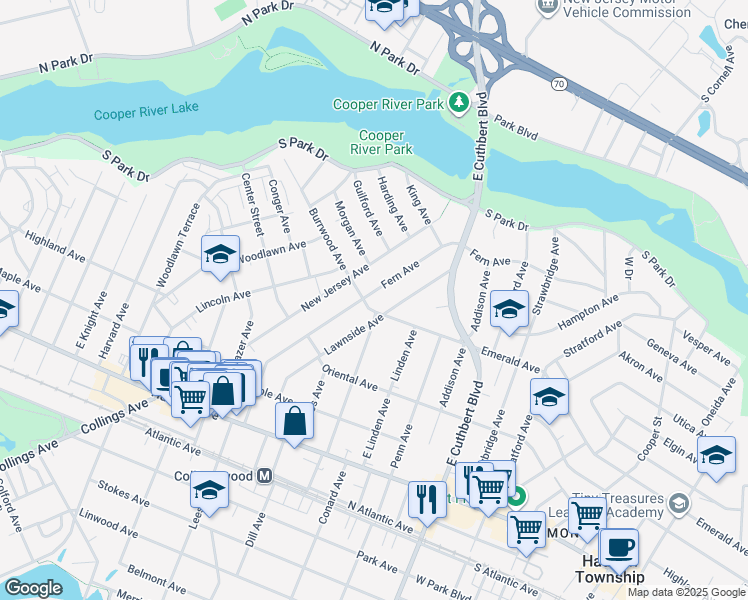map of restaurants, bars, coffee shops, grocery stores, and more near 200 Fern Avenue in Collingswood