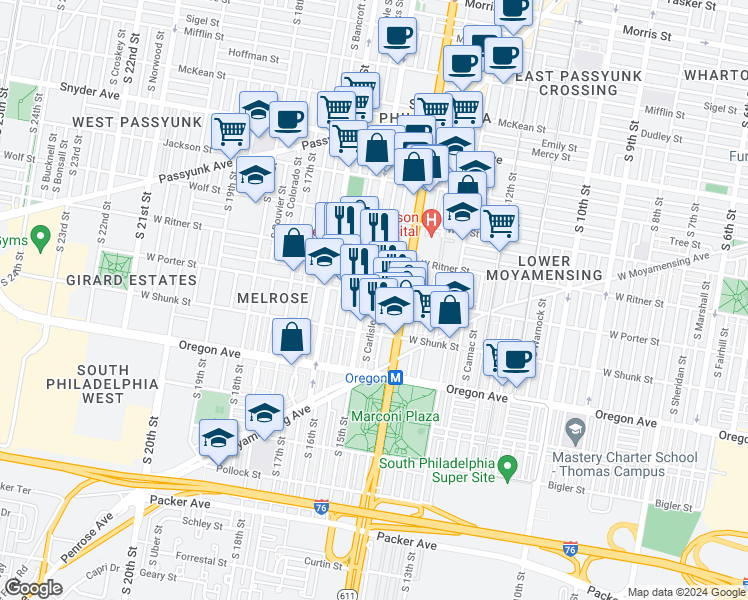 map of restaurants, bars, coffee shops, grocery stores, and more near 1428 West Porter Street in Philadelphia