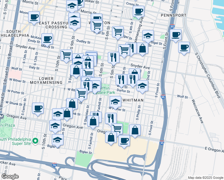 map of restaurants, bars, coffee shops, grocery stores, and more near 444 Durfor Street in Philadelphia