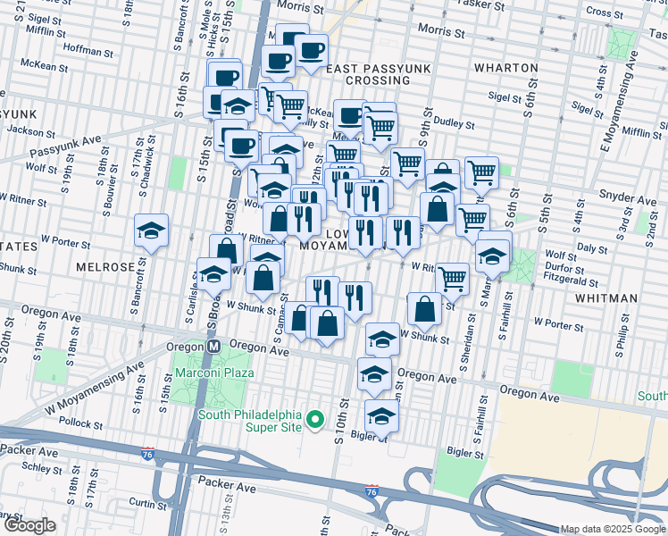 map of restaurants, bars, coffee shops, grocery stores, and more near South 11th Street in Philadelphia