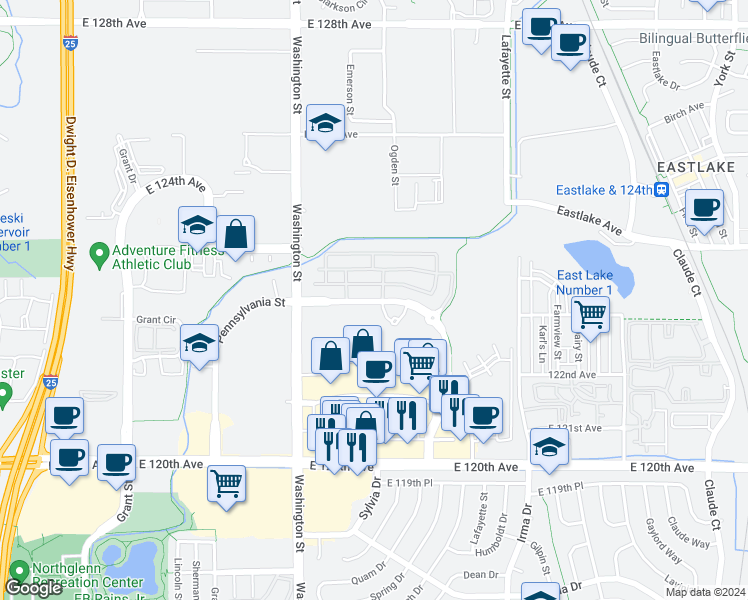 map of restaurants, bars, coffee shops, grocery stores, and more near 12230 Washington Center Parkway in Thornton