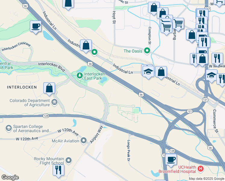 map of restaurants, bars, coffee shops, grocery stores, and more near 105 Edgeview Drive in Broomfield