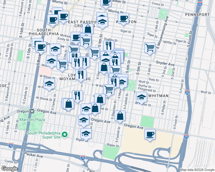 map of restaurants, bars, coffee shops, grocery stores, and more near in Philadelphia