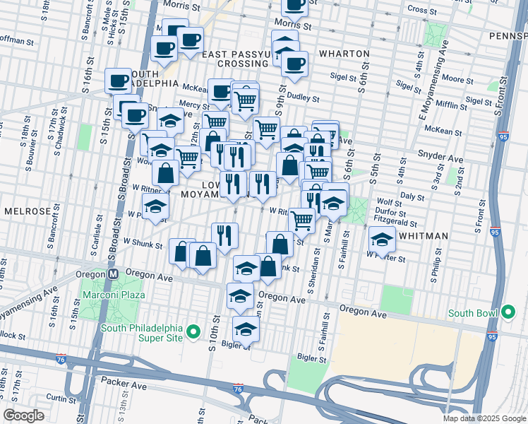 map of restaurants, bars, coffee shops, grocery stores, and more near 2401 South 9th Street in Philadelphia