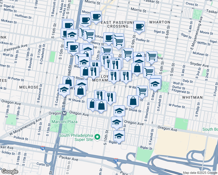 map of restaurants, bars, coffee shops, grocery stores, and more near 1032 West Moyamensing Avenue in Philadelphia