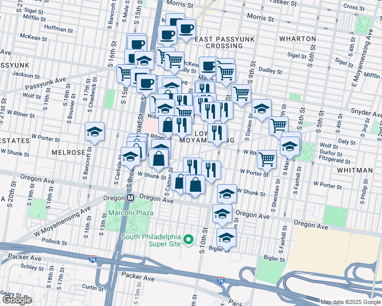 map of restaurants, bars, coffee shops, grocery stores, and more near 2424 South Sartain Street in Philadelphia