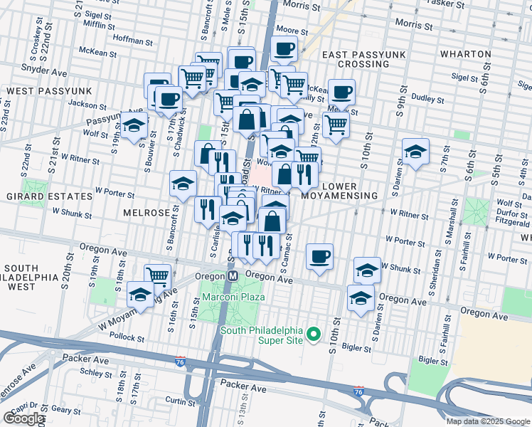 map of restaurants, bars, coffee shops, grocery stores, and more near 2445 South Juniper Street in Philadelphia