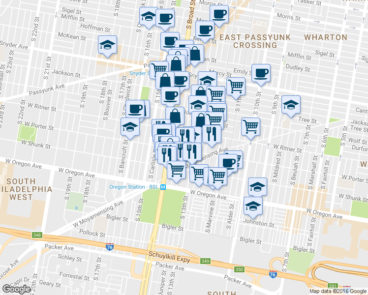 map of restaurants, bars, coffee shops, grocery stores, and more near 2445 South Juniper Street in Philadelphia