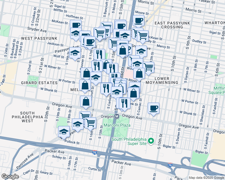 map of restaurants, bars, coffee shops, grocery stores, and more near in Philadelphia