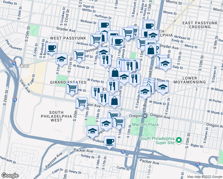 map of restaurants, bars, coffee shops, grocery stores, and more near 2526 S 17th St in Philadelphia