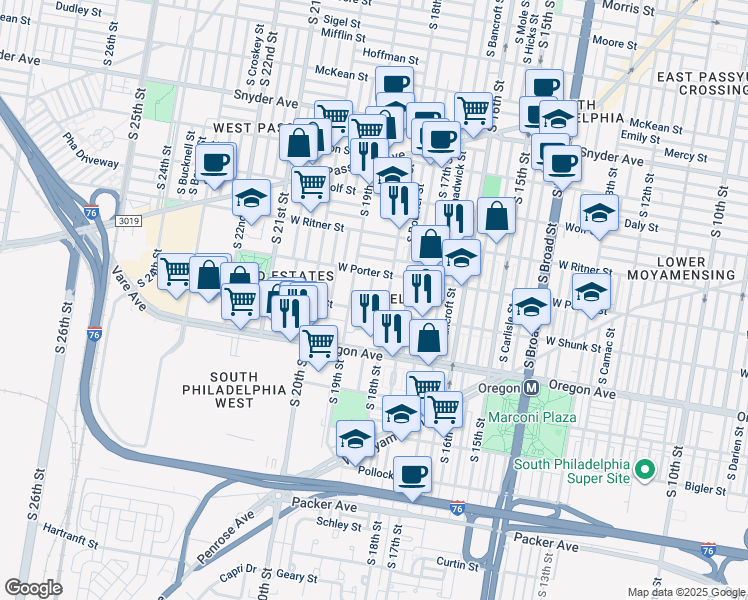 map of restaurants, bars, coffee shops, grocery stores, and more near 2527 South Cleveland Street in Philadelphia