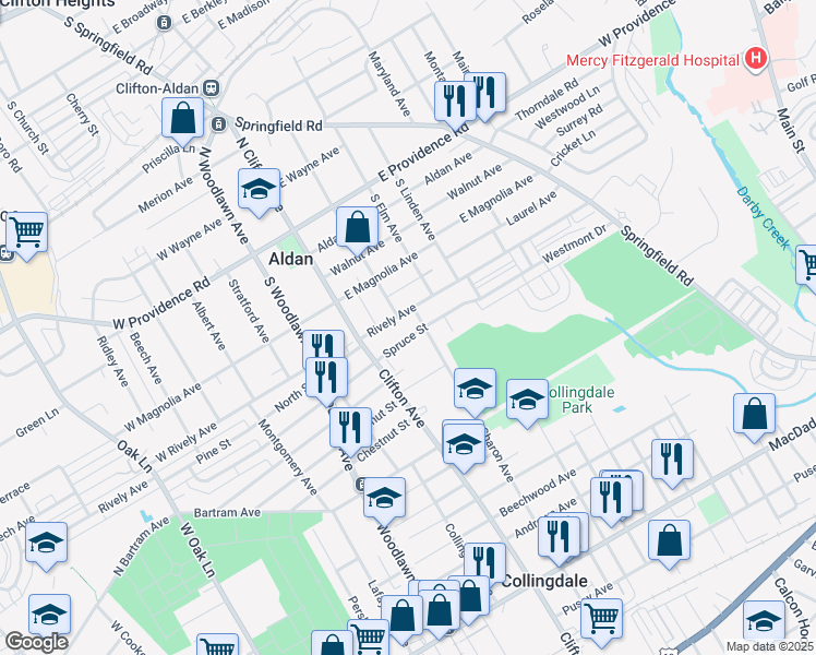 map of restaurants, bars, coffee shops, grocery stores, and more near 701 Spruce Street in Collingdale