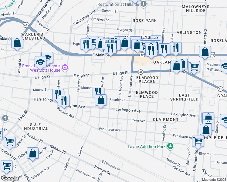 map of restaurants, bars, coffee shops, grocery stores, and more near 1809 Mound Street in Springfield