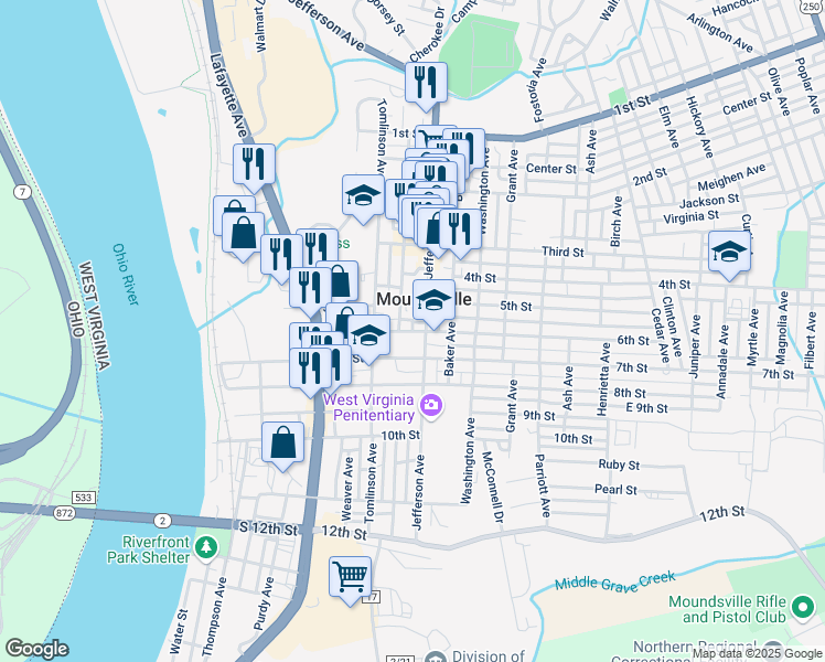 map of restaurants, bars, coffee shops, grocery stores, and more near 848 6th Street in Moundsville