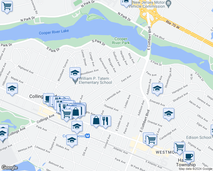 map of restaurants, bars, coffee shops, grocery stores, and more near 224 New Jersey Ave in Collingswood