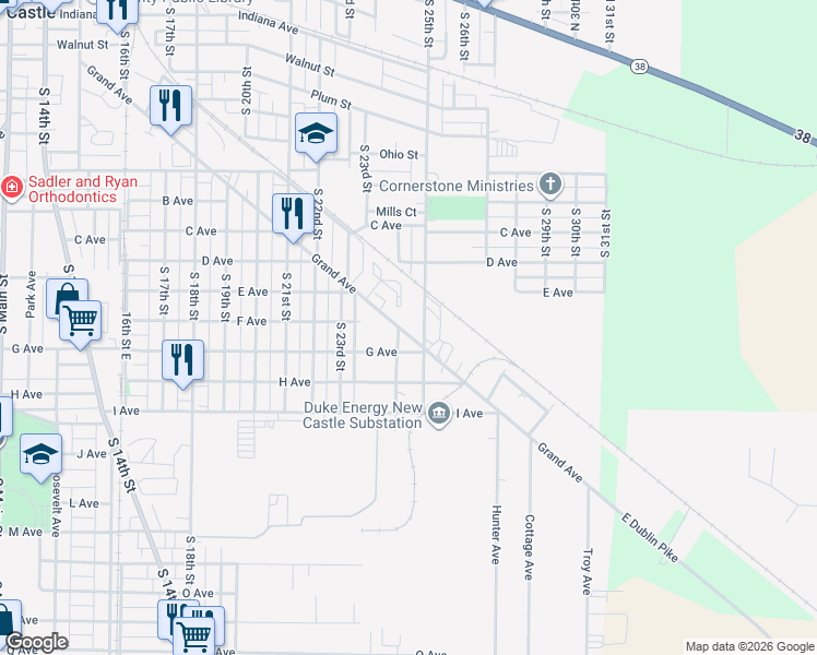 map of restaurants, bars, coffee shops, grocery stores, and more near 2414 Grand Avenue in New Castle