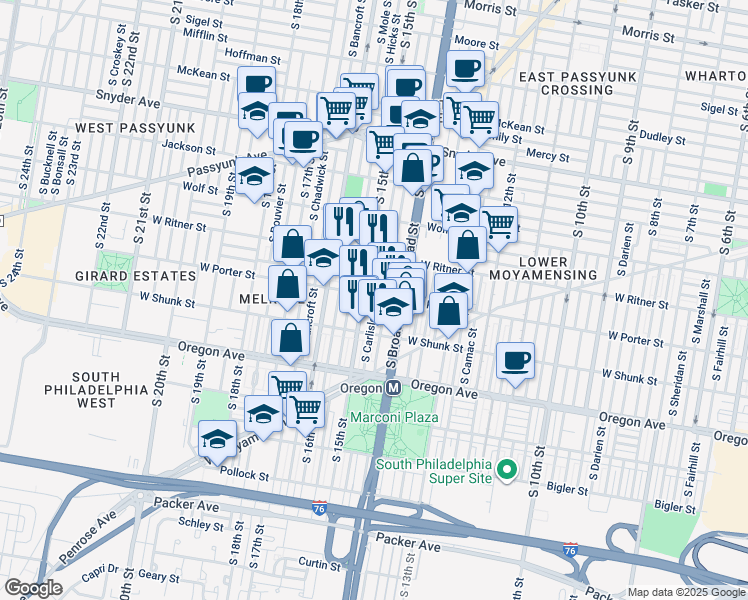 map of restaurants, bars, coffee shops, grocery stores, and more near 1440 West Porter Street in Philadelphia