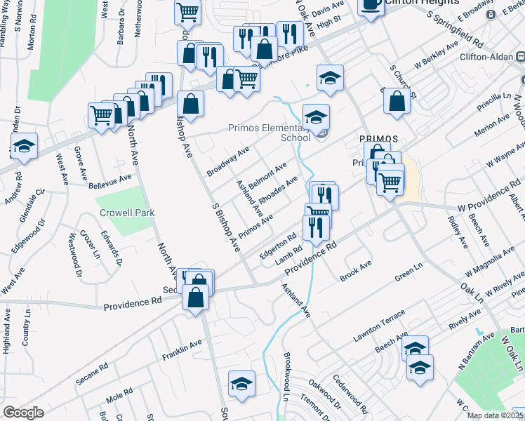 map of restaurants, bars, coffee shops, grocery stores, and more near 325 Ashland Avenue in Delaware County