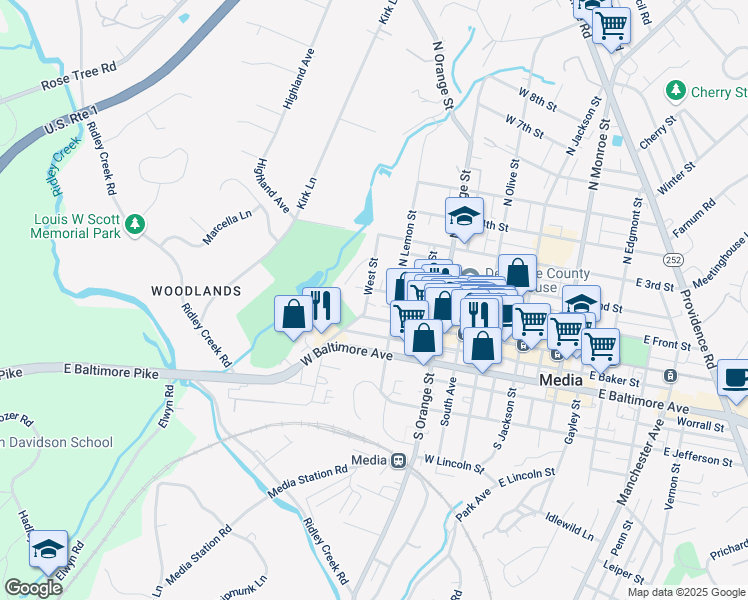 map of restaurants, bars, coffee shops, grocery stores, and more near 5 West Street in Media