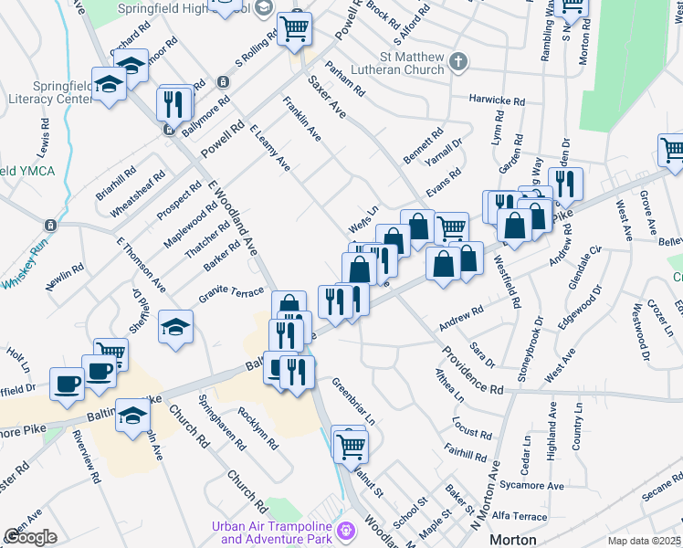map of restaurants, bars, coffee shops, grocery stores, and more near 521 Philmar Court in Springfield