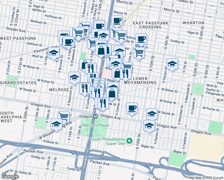 map of restaurants, bars, coffee shops, grocery stores, and more near 2440 South 13th Street in Philadelphia