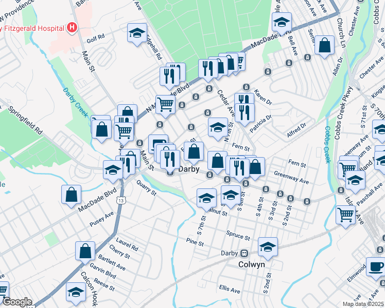 map of restaurants, bars, coffee shops, grocery stores, and more near 117 Verlenden Avenue in Darby