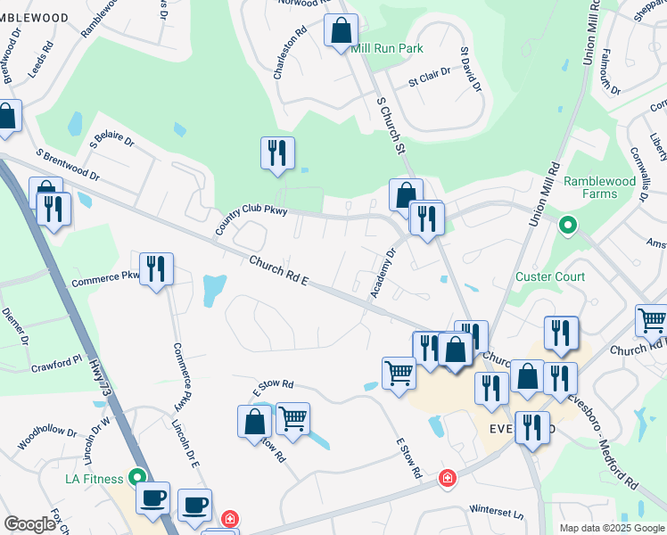 map of restaurants, bars, coffee shops, grocery stores, and more near 5 Arianas Court in Mount Laurel Township