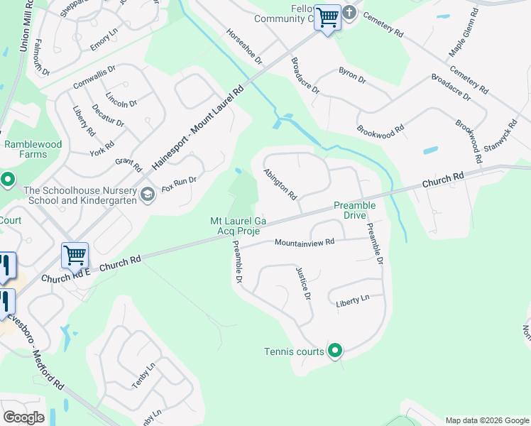 map of restaurants, bars, coffee shops, grocery stores, and more near 4871 Church Road in Mount Laurel Township