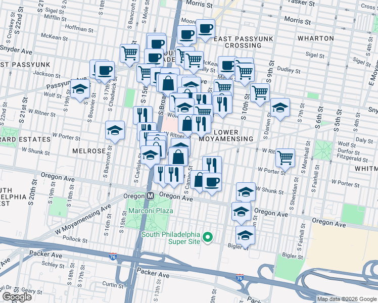 map of restaurants, bars, coffee shops, grocery stores, and more near in Philadelphia