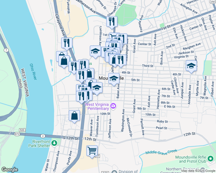 map of restaurants, bars, coffee shops, grocery stores, and more near 848-898 6th Street in Moundsville