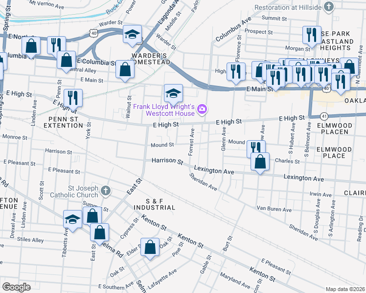 map of restaurants, bars, coffee shops, grocery stores, and more near 1215 Mound Street in Springfield