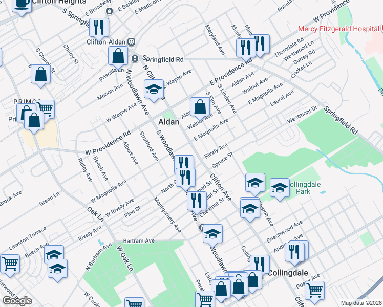 map of restaurants, bars, coffee shops, grocery stores, and more near 116 South Clifton Avenue in Aldan