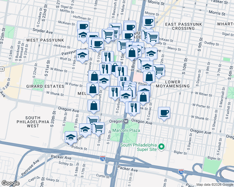 map of restaurants, bars, coffee shops, grocery stores, and more near in Philadelphia