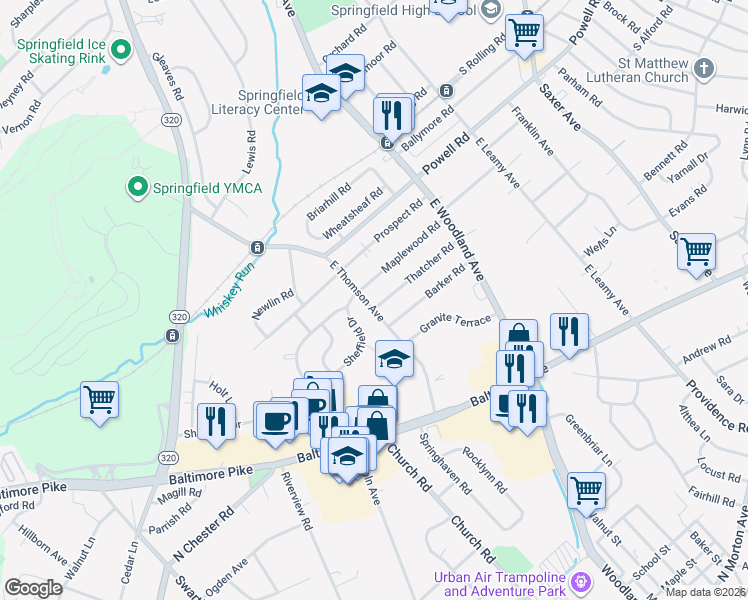 map of restaurants, bars, coffee shops, grocery stores, and more near 498 Thatcher Road in Springfield