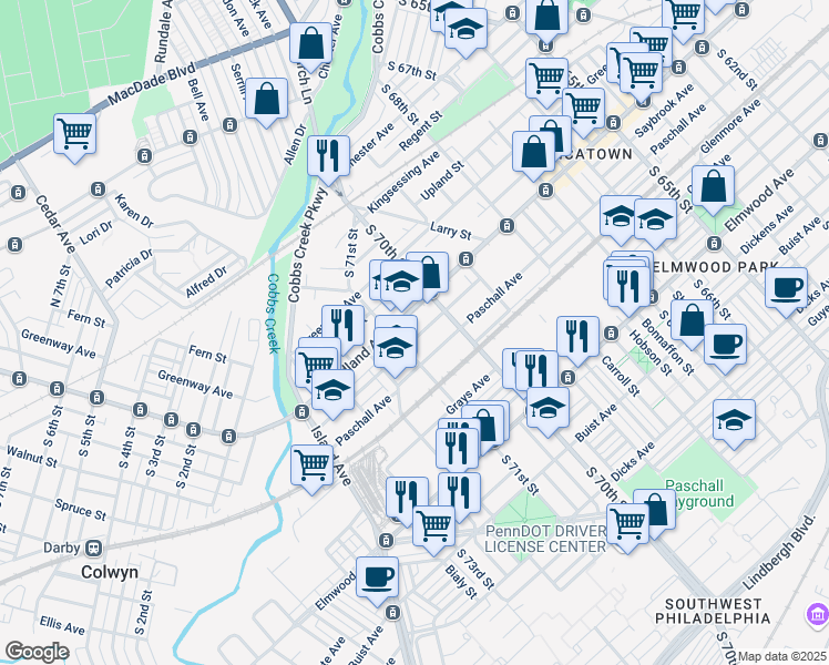 map of restaurants, bars, coffee shops, grocery stores, and more near 7045 Saybrook Avenue in Philadelphia