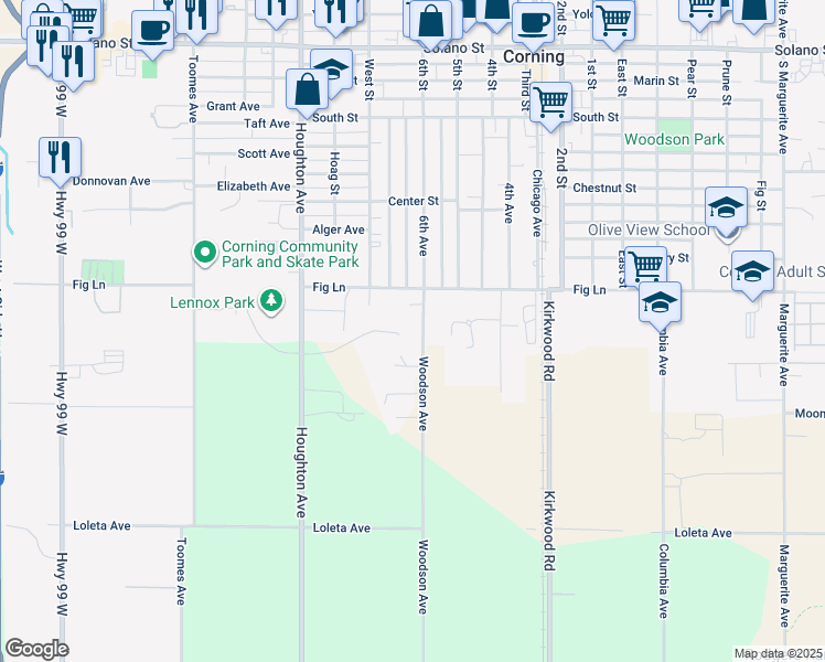 map of restaurants, bars, coffee shops, grocery stores, and more near 1774 6th Avenue in Corning