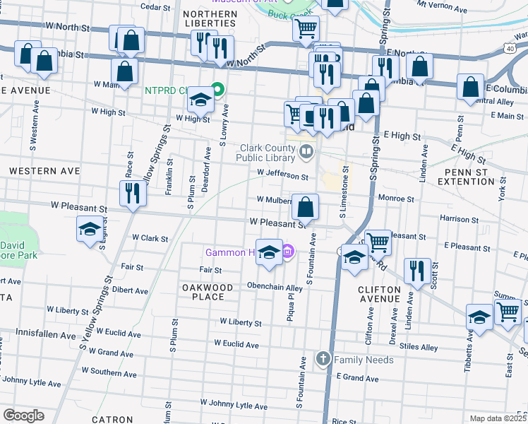 map of restaurants, bars, coffee shops, grocery stores, and more near 124 West Pleasant Street in Springfield